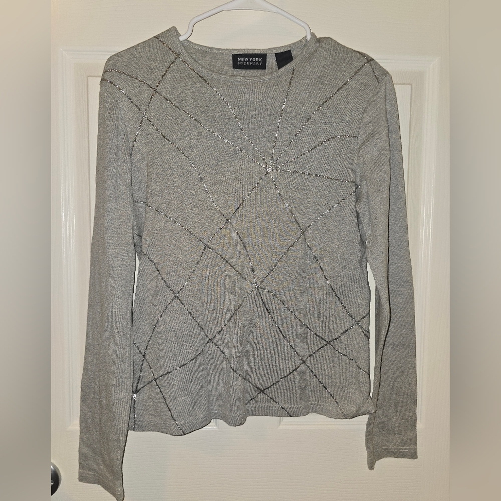 Gray Long Sleeve Sweater with Silver Glitter Accents